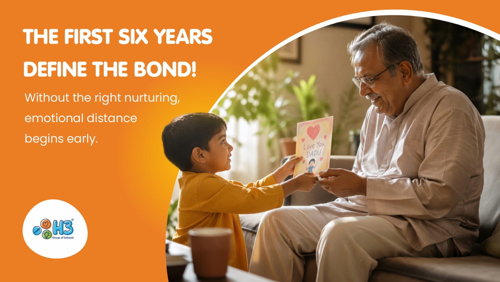 Child giving card to grandfather showing early childhood bonding